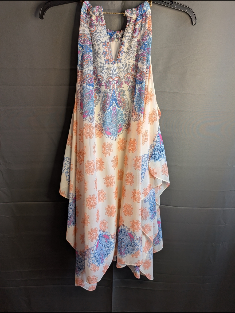 Bisou Bisou Cream Paisley Asymmetrical Halter Dress with Blue & Peach Accents - Picture 2 of 10